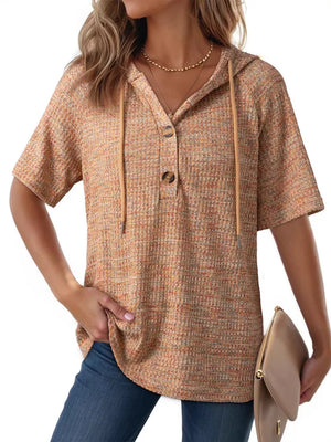 Apricot waffle knit hooded t-shirt with button detail and drawstring hood.
