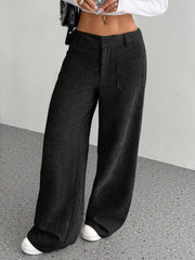 Black corduroy wide-leg trousers with front pockets and a comfortable fit.