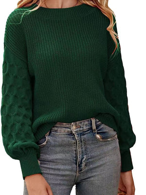 Textured Sleeve Round Neck Sweater in Green with ribbed knit
