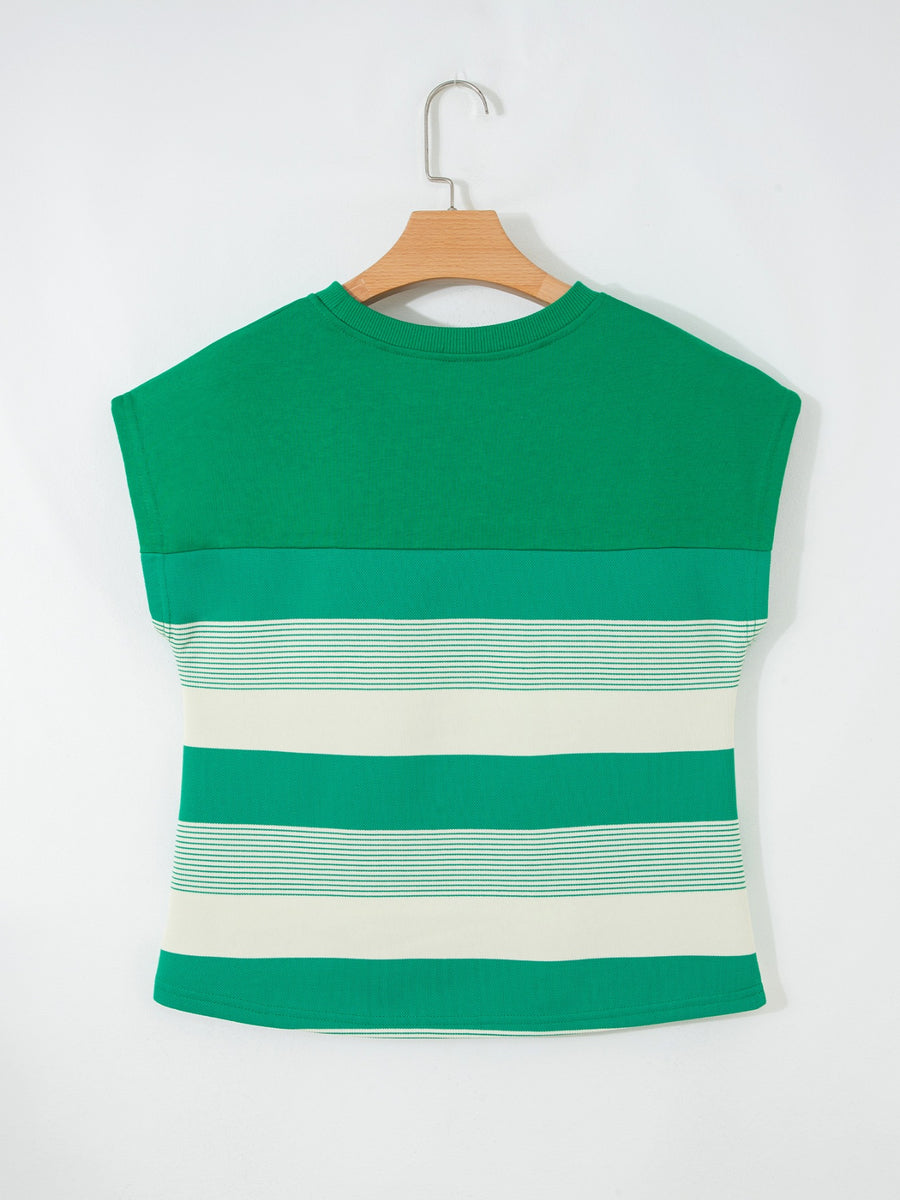 Green striped cap sleeve t-shirt with crew neck and horizontal stripe pattern.