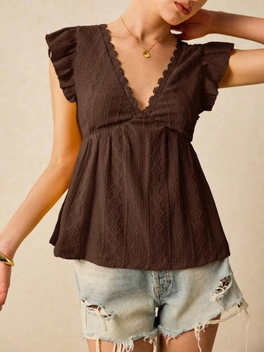Brown eyelet blouse with lace trim and ruffle sleeves, V-neck, peplum hem