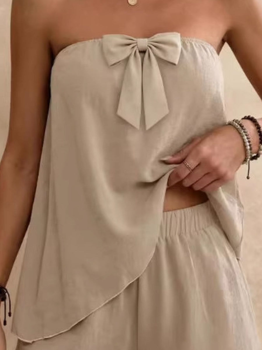 Khaki bowknot tube top and shorts set with elastic waist shorts