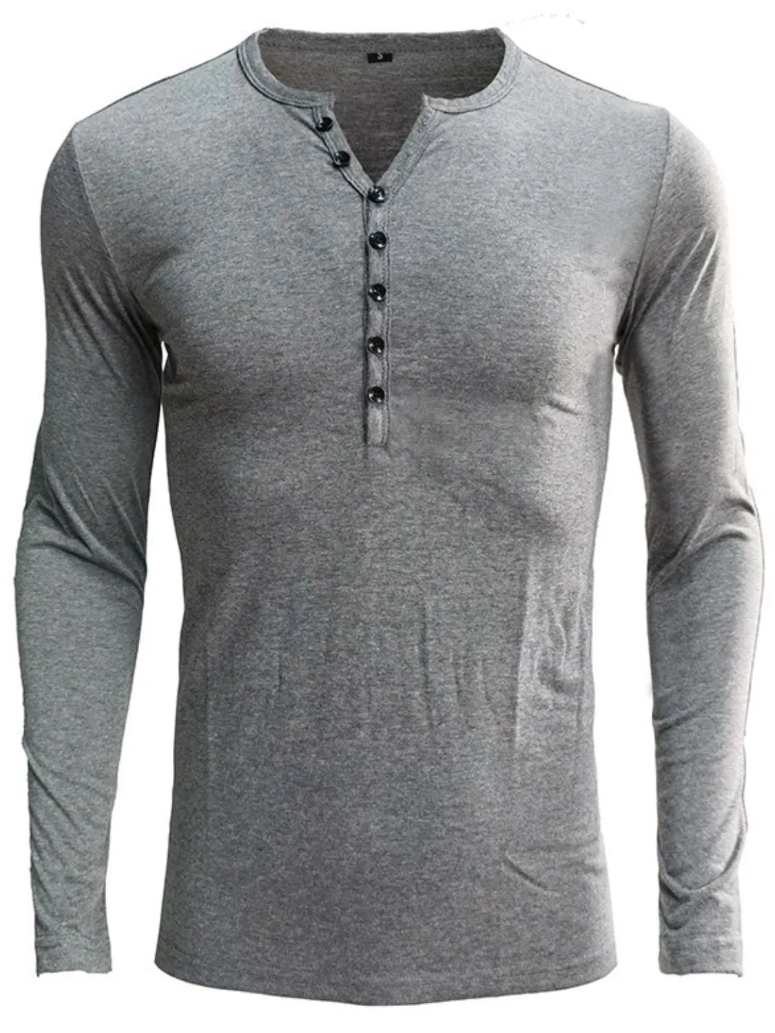 Dark gray long sleeve henley tee with button placket