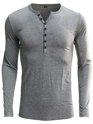 Dark gray long sleeve henley tee with button placket