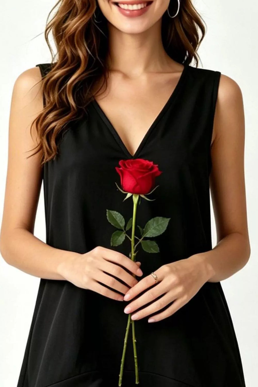 Black tiered ruffle hem mini dress with V-neck, sleeveless, cotton fabric.