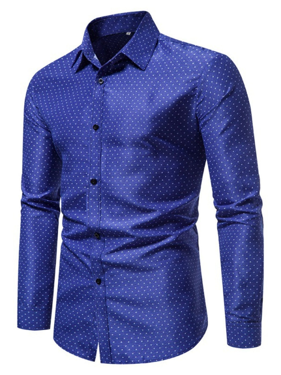 Dark blue slim fit cotton shirt with micro-dotted pattern and button-up front.