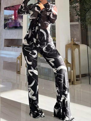 Black And White, Printed Mesh Shirt And Pants Set in Black And White