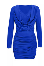 Ruched Cowl Neck Long Sleeve Mini Dress in Black