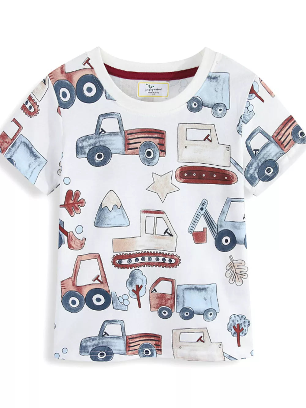 White cotton t-shirt with a playful construction truck graphic print and maroon neckline.