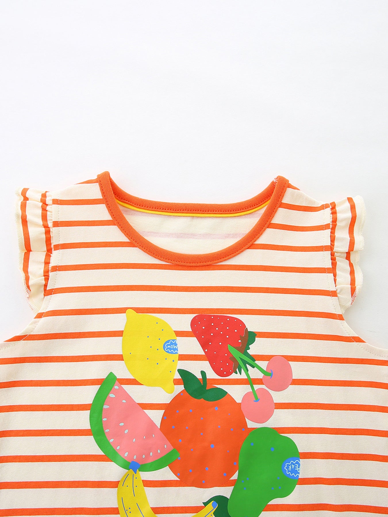 Baby girls' striped tee with colorful fruit print and ruffle sleeves.