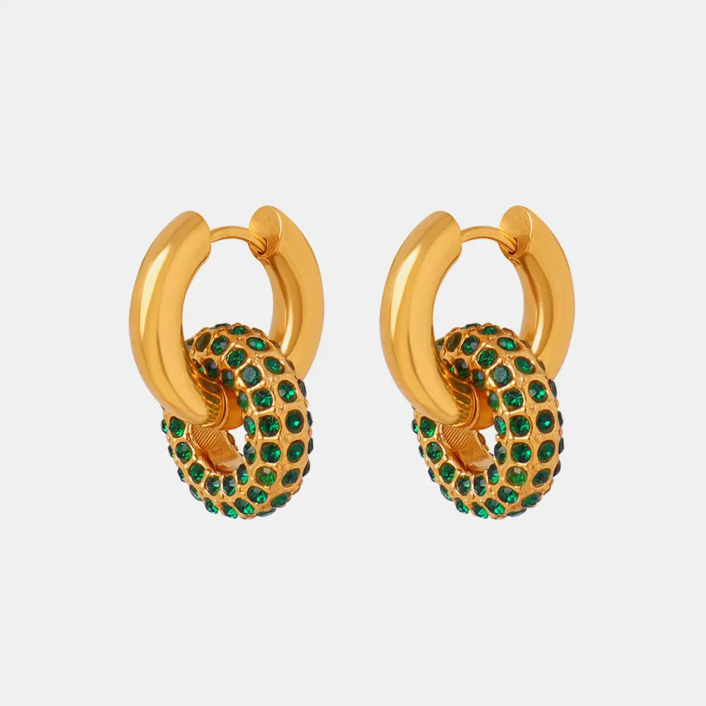 Gold hoop earrings with dark green pavé circle interlocks
