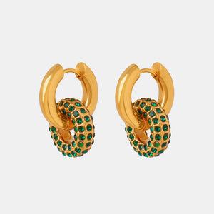 Gold hoop earrings with dark green pavé circle interlocks