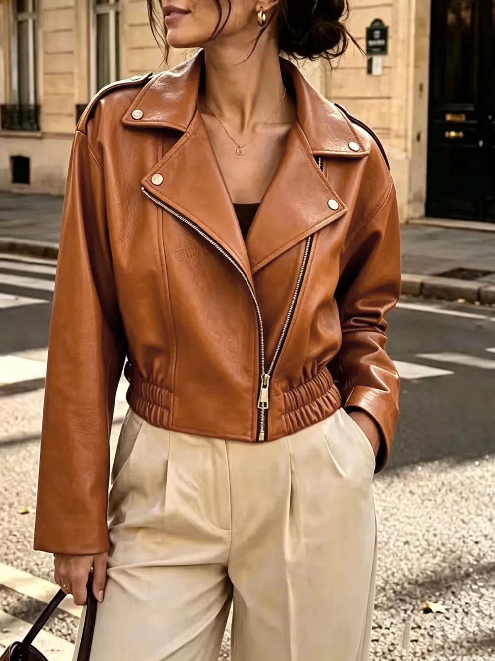 moto jacket in cognac featuring smocked and regular fit