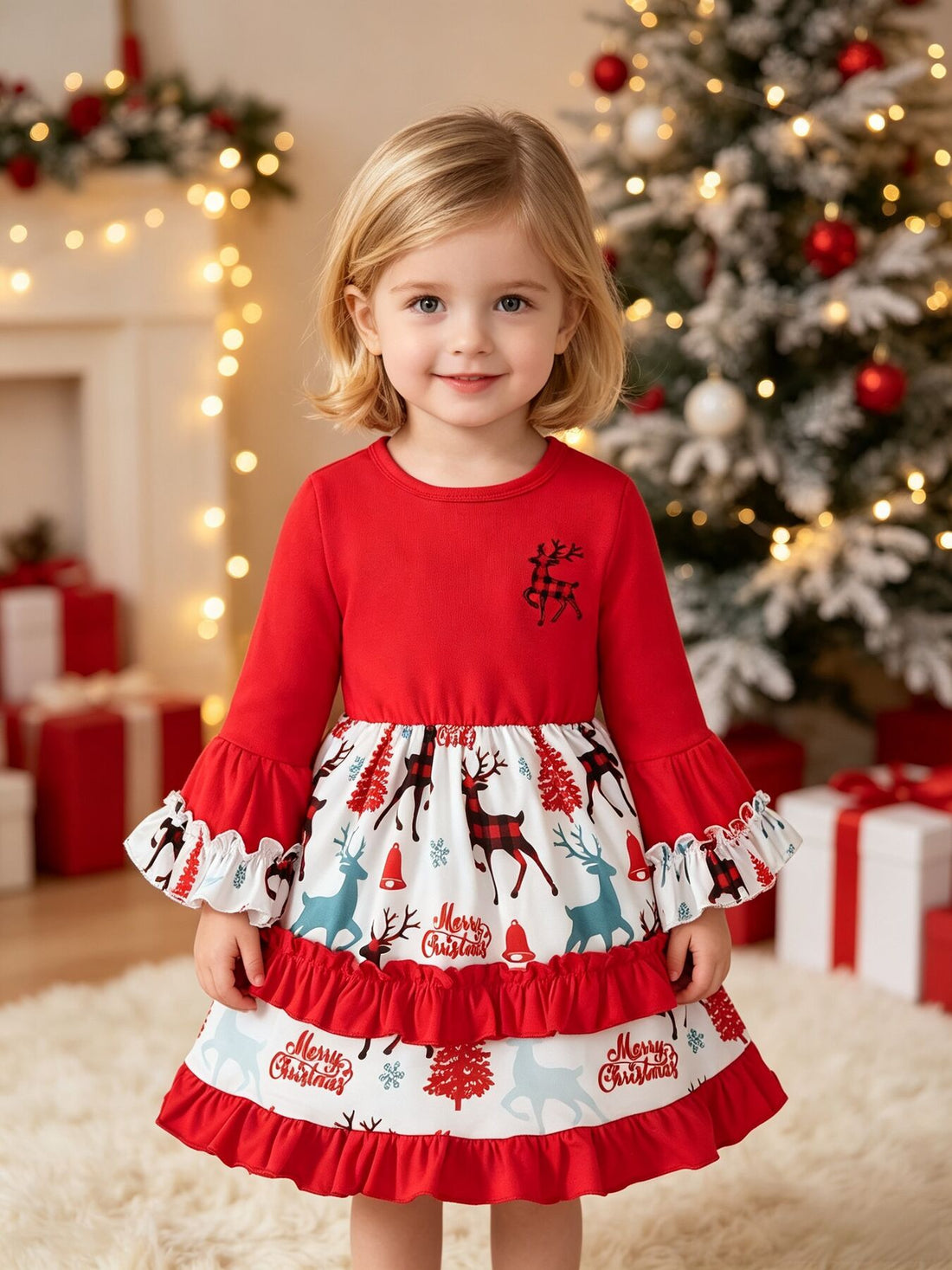 red fit-and-flare dress with reindeer print and round neck