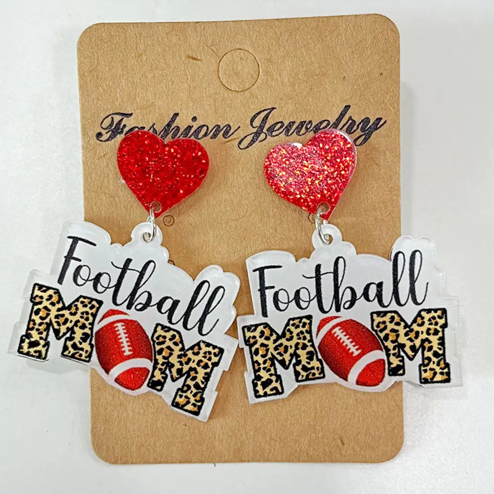 Game Day Acrylic Football Dangles with red glitter hearts and leopard print MOM detail.