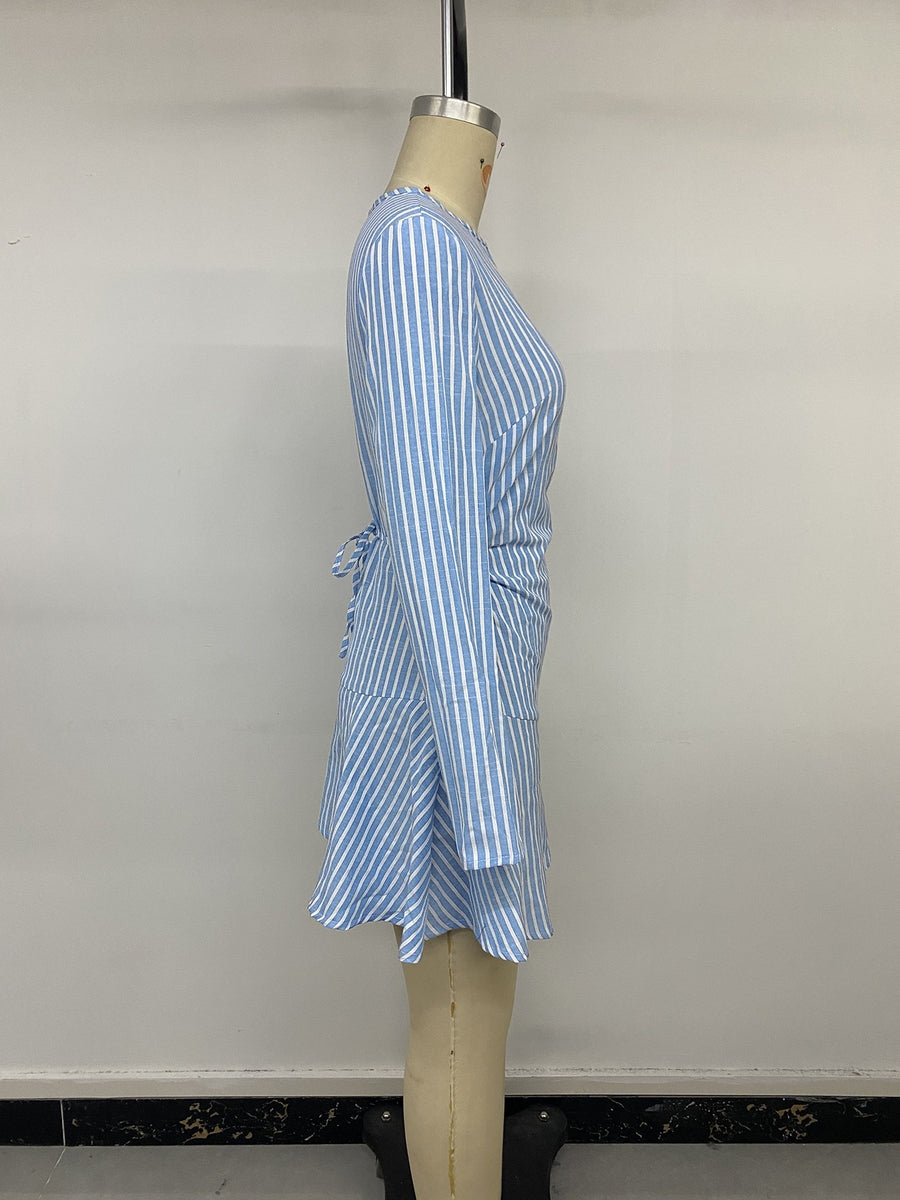 Striped Long-Sleeve Ruched Mini Dress in Blue with ruched