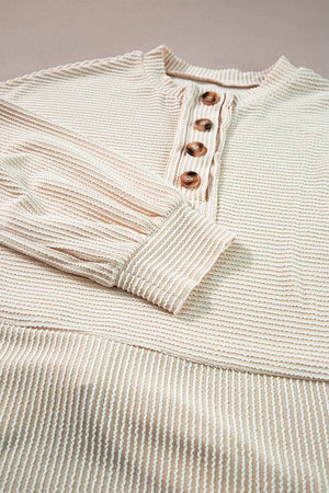 Corded Texture Lantern Sleeve Henley Sweatsuit in Ivory, view 12