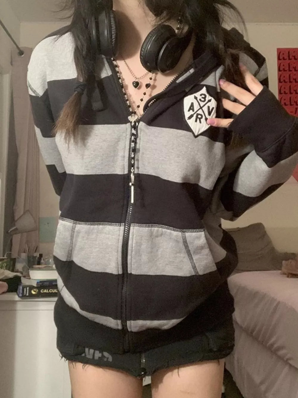 Black Striped Zip-up Hoodie