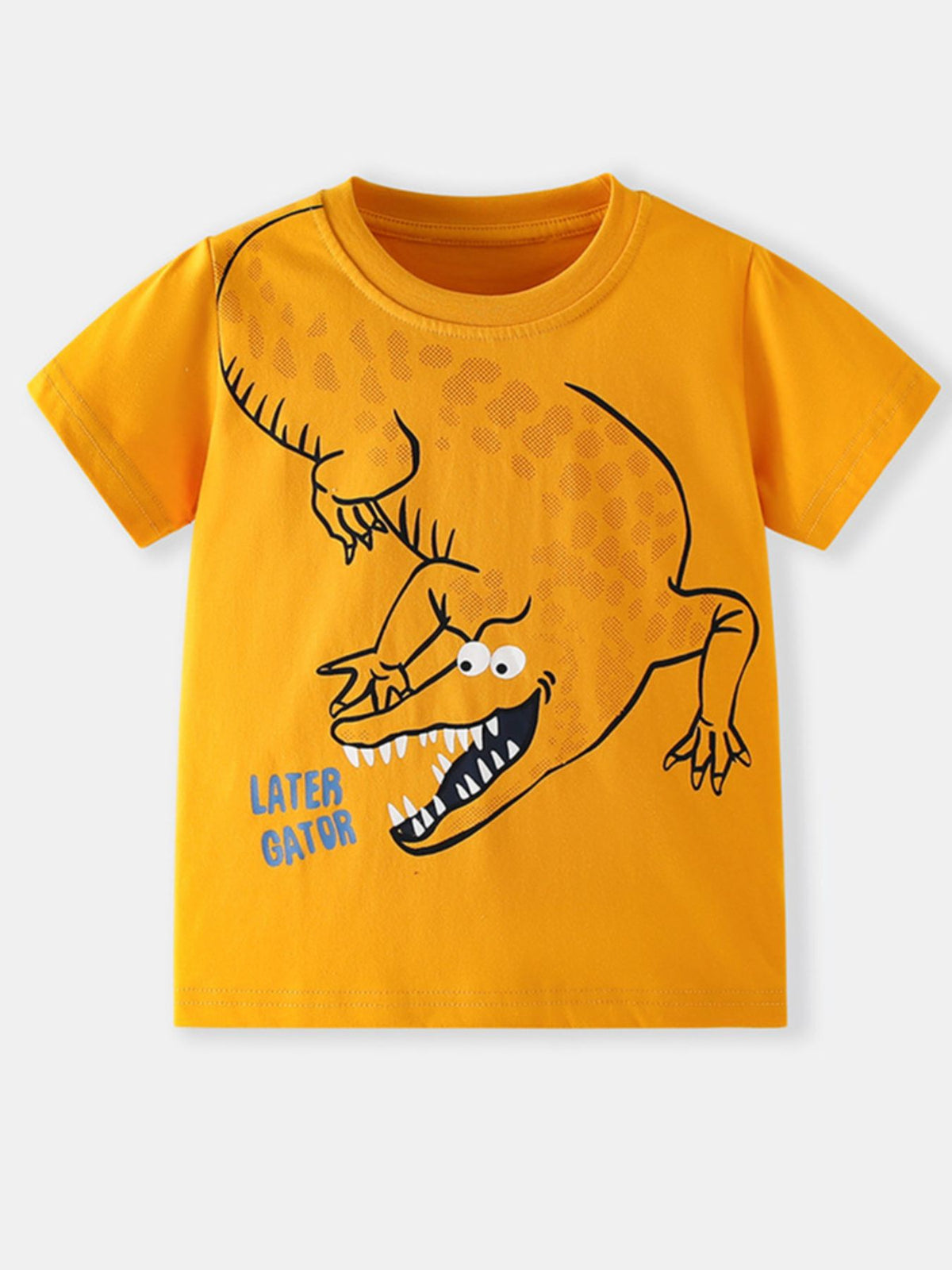 Toddler yellow t-shirt with a playful alligator graphic and blue text that says Later Gator.