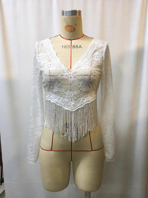 White lace long sleeve top with V-neck and fringe hem