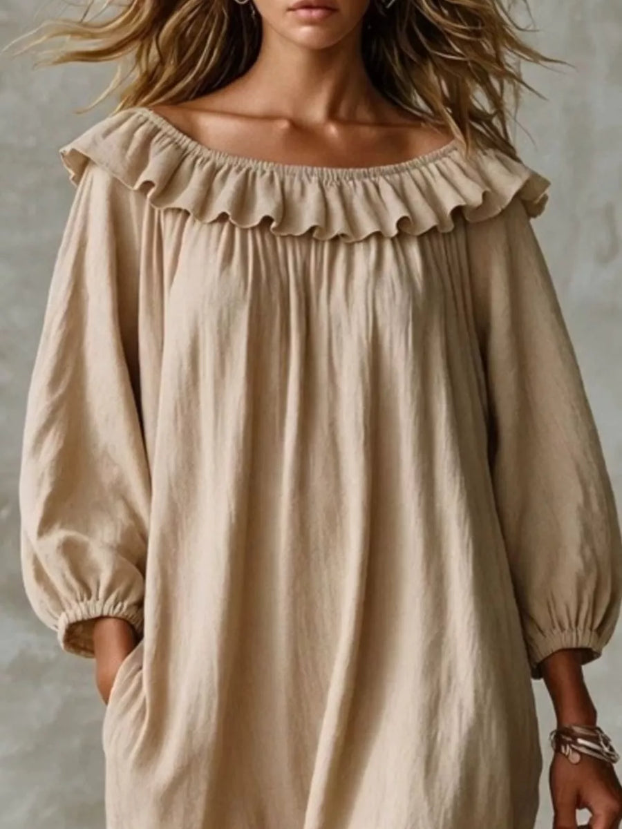 romantic midi dress in Beige with boat neck