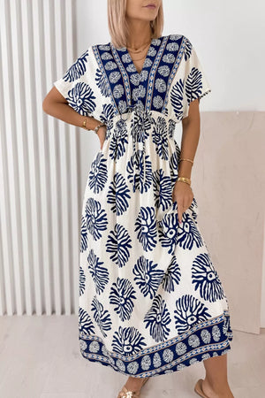 Blue floral print v-neck dolman dress with drawstring waist and ankle length