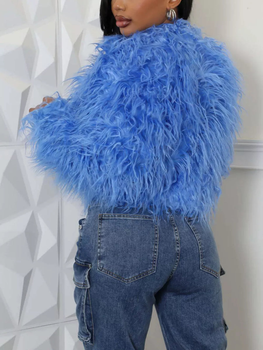Blue Faux Fur Open Front Cropped Outerwear