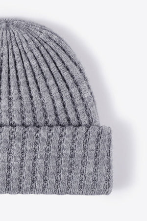 Gray ribbed knit beanie with textured detail
