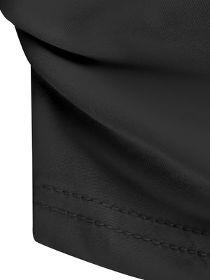 Black asymmetrical ruched off-shoulder top with double-stitched hem detail
