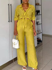 Lemon yellow tie-front collared shirt and wide-leg pants set with button details