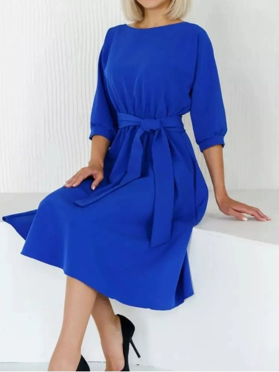Elegant Belted Waist Midi Dress in Black, view 12