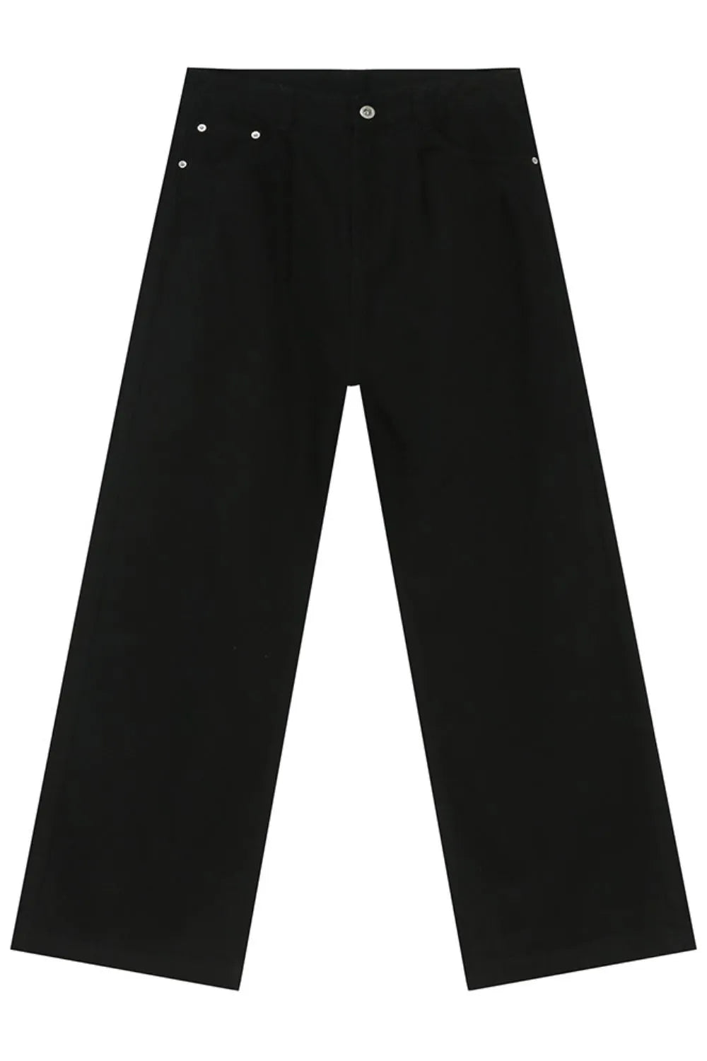 Black denim wide-leg trousers with pleats and silver button details.