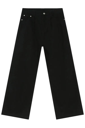 Black denim wide-leg trousers with pleats and silver button details.