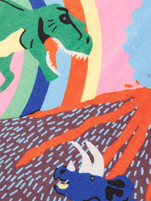 Toddler graphic t-shirt with green dinosaur and blue triceratops on colorful rainbow and volcano print.
