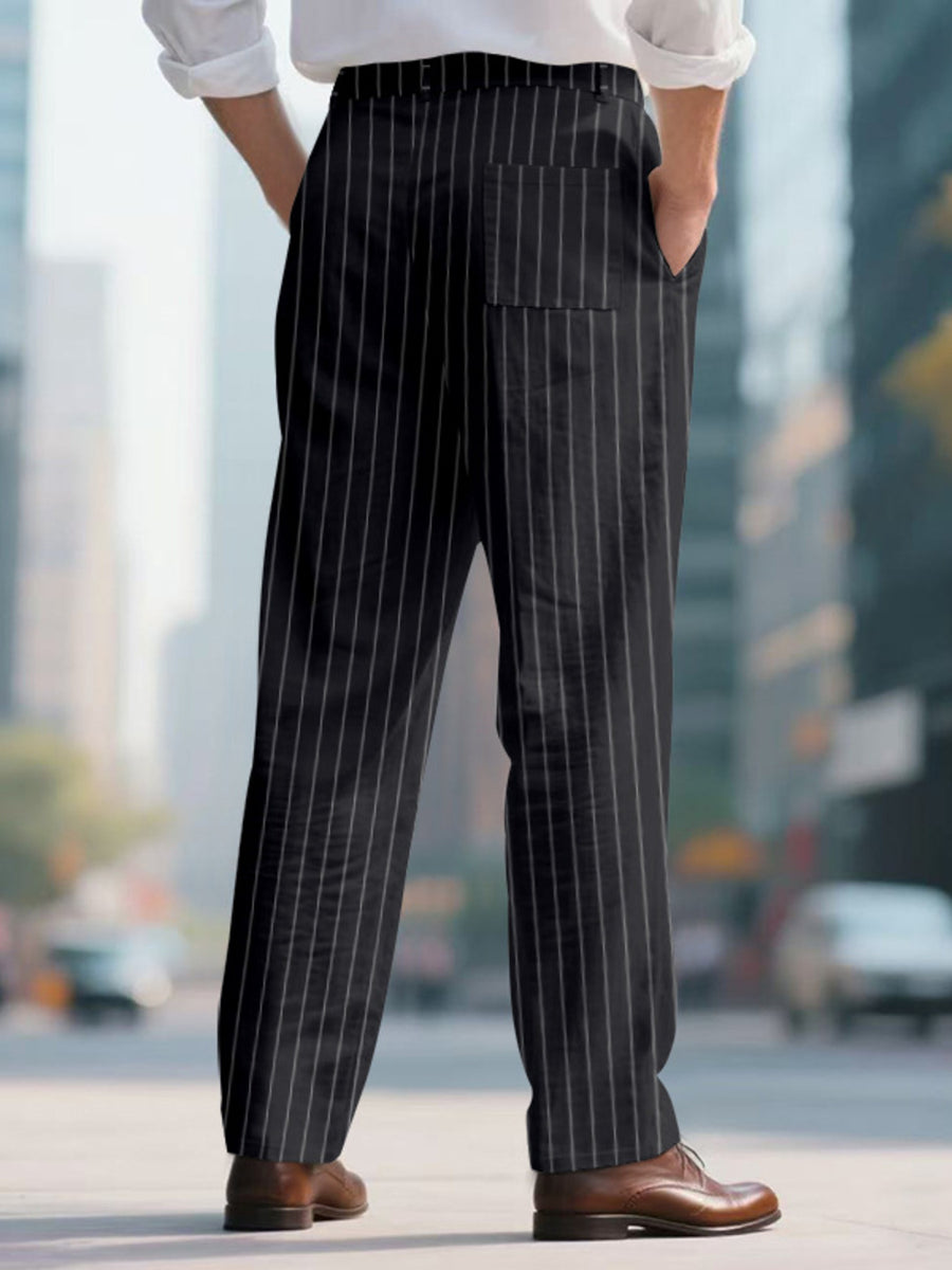 Black pinstripe wide-leg sweatpants with a back pocket detail.
