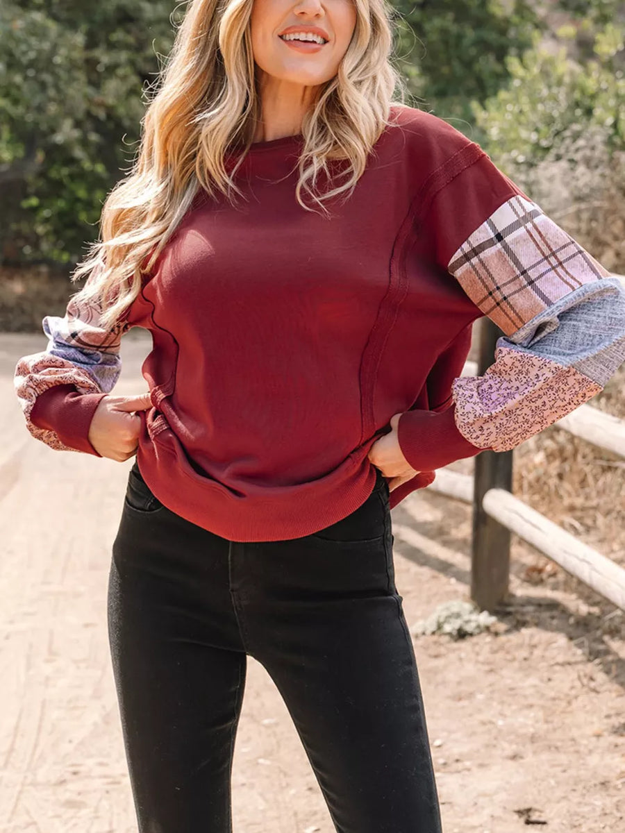 Burgundy with Plaid Colorblock Patchwork Sleeve Sweatshirt