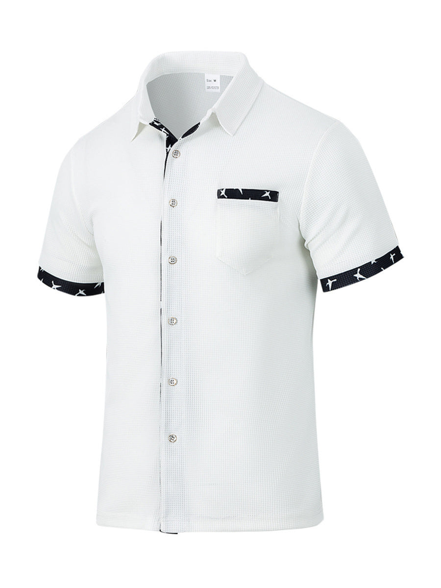 White waffle textured button-up shirt with star print trim on collar, pocket and sleeves.