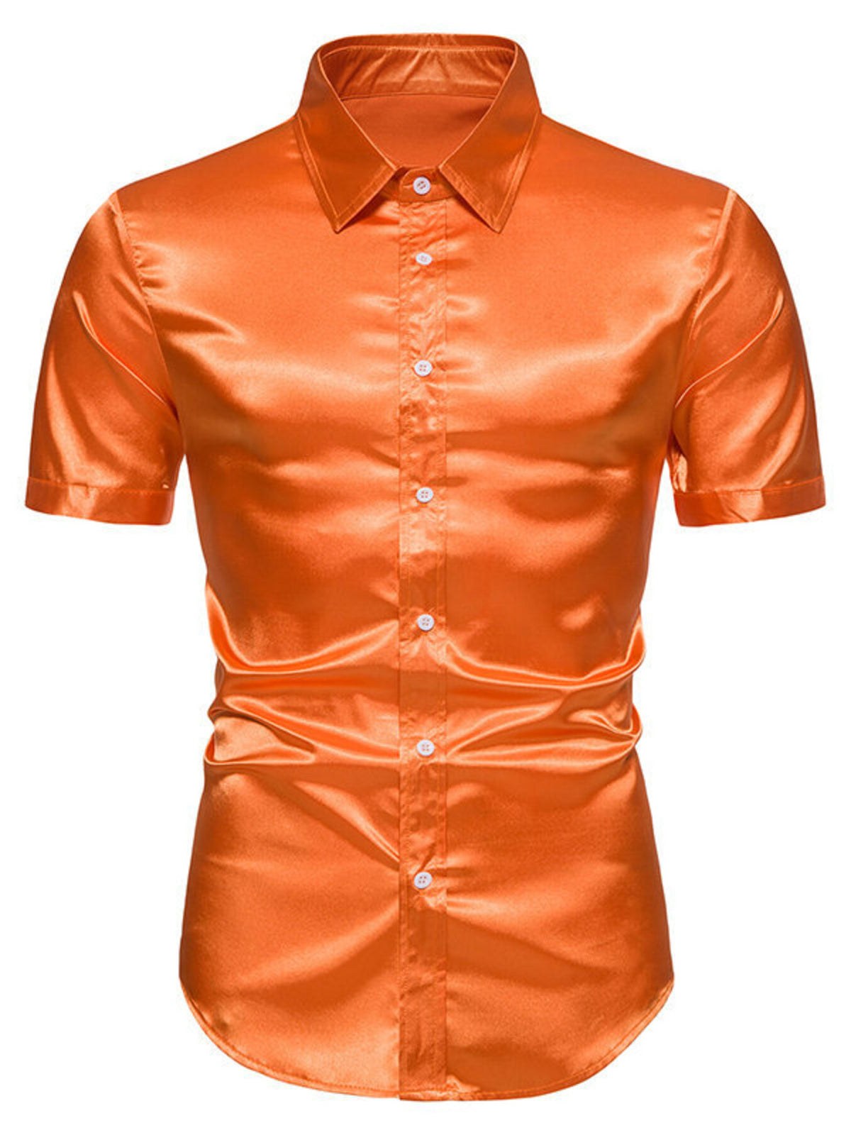 Men's orange red satin finish short sleeve button-up shirt