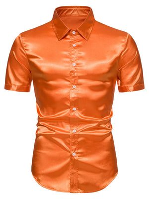 Men's orange red satin finish short sleeve button-up shirt