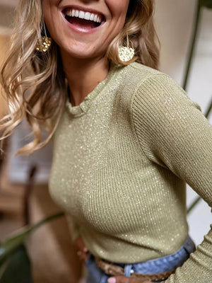 Sparkly green ribbed long sleeve top with crew neck