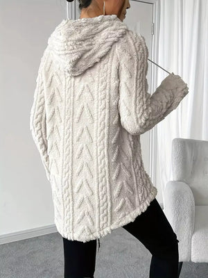 Textured drawstring fleece hoodie in gray/white with cable knit pattern and frayed hem.