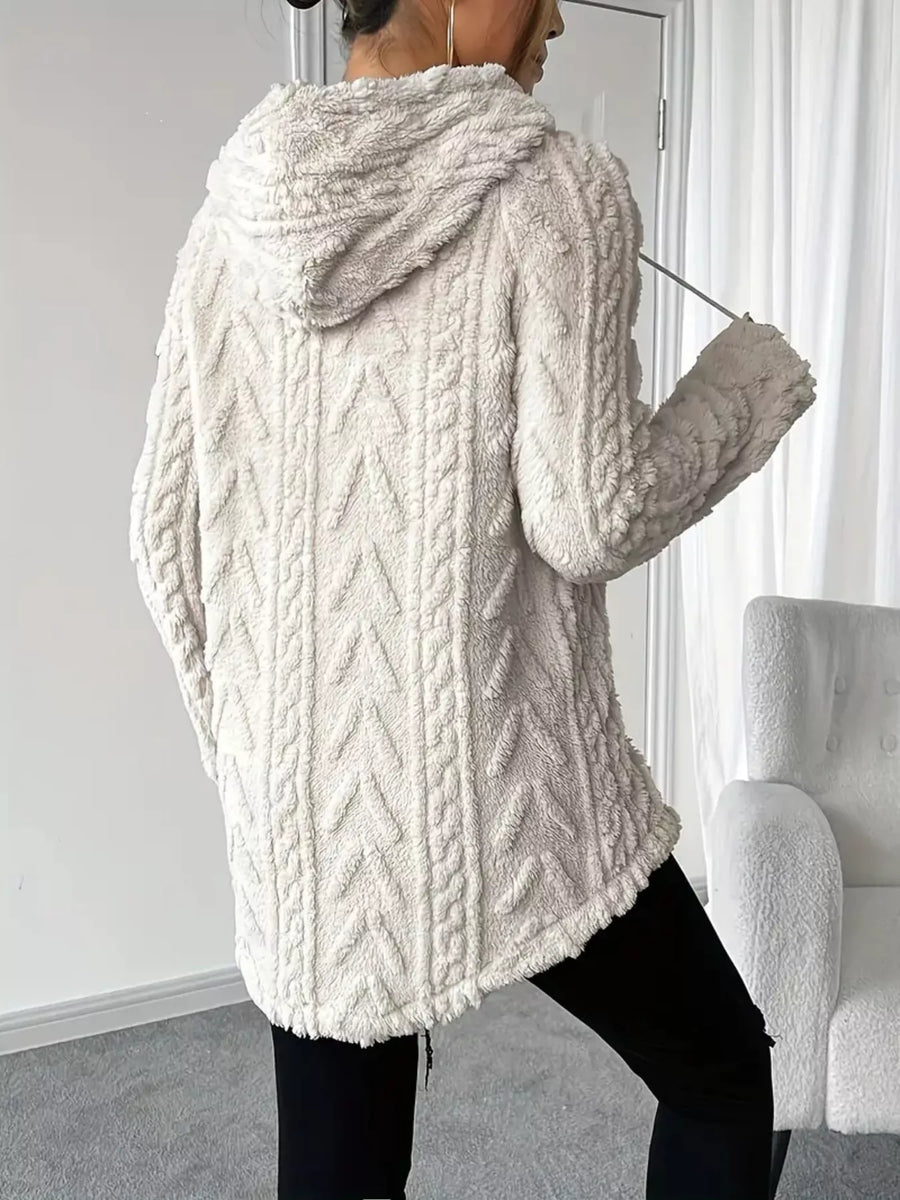 Textured drawstring fleece hoodie in gray/white with cable knit pattern and frayed hem.
