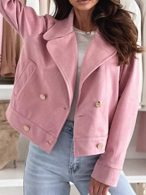 Beige with Chic Double-breasted Cropped Jacket