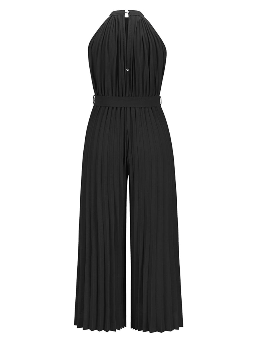 Black halter neck pleated palazzo jumpsuit with belted waist