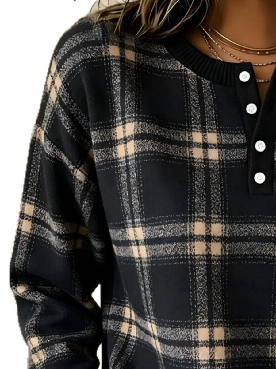 Plaid Button Detail Long Sleeve Sweatshirt Plus Size in Black with buttoned