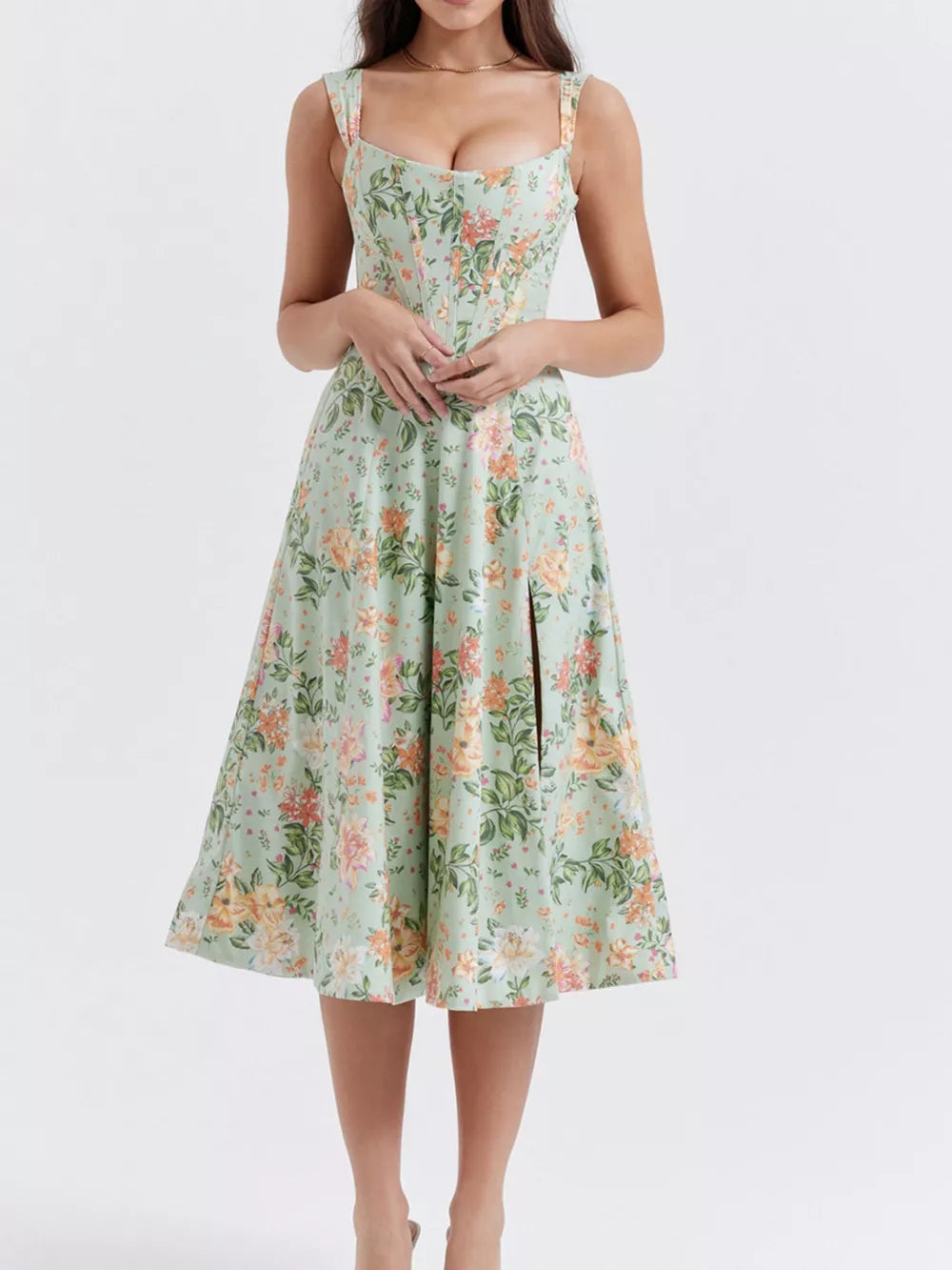 Sage floral midi dress with side slit and sweetheart neckline.