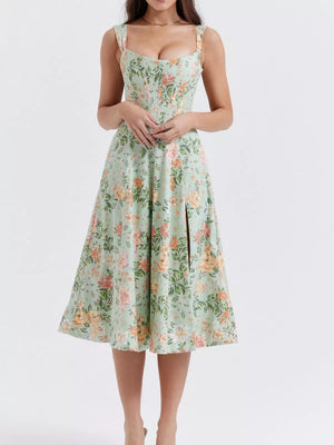 Sage floral midi dress with side slit and sweetheart neckline.