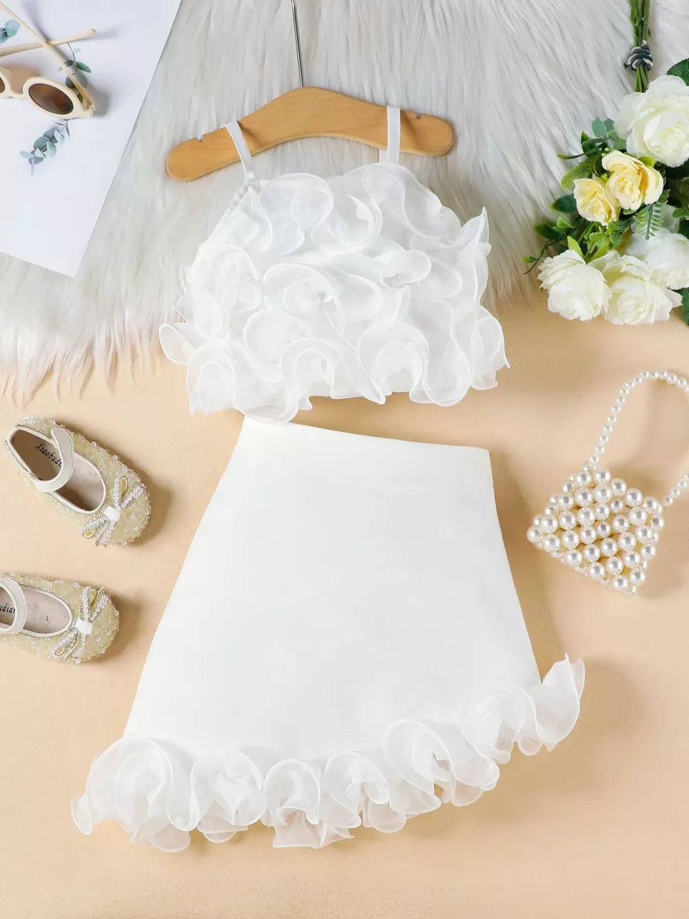 White ruffled cami and skirt set with delicate organza ruffles on the top and hem.