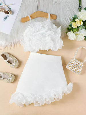 White ruffled cami and skirt set with delicate organza ruffles on the top and hem.