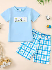 Baby blue embroidered golf cart tee and blue plaid shorts set